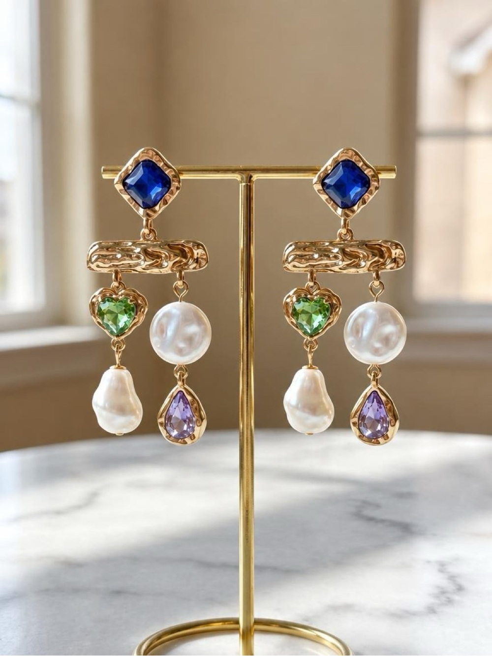 Gold Drop Elegant Earrings with Gemstones and Pearls